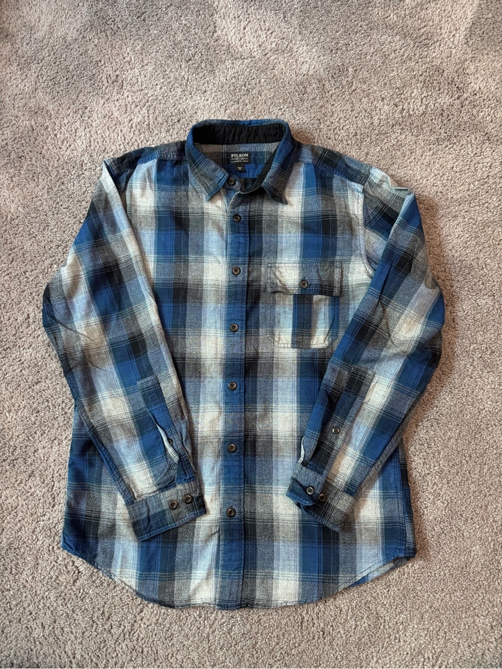 Filson Rustic Oxford Shirt in Indigo/Black/Charcoal - Size M